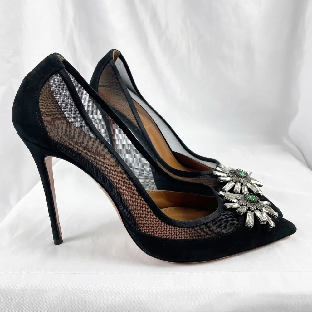 Aquazzura x Naty Abascal Kimiyah Suede Leather Crystal Heels Black EU 39 - Picture 4 of 12